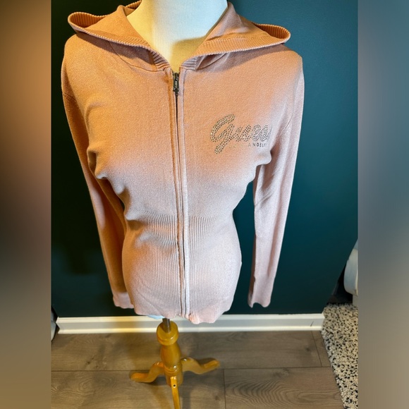 NWT! Guess Bling Sequin Francer Full Zip Sweater Hoodie Pink - Picture 2 of 15